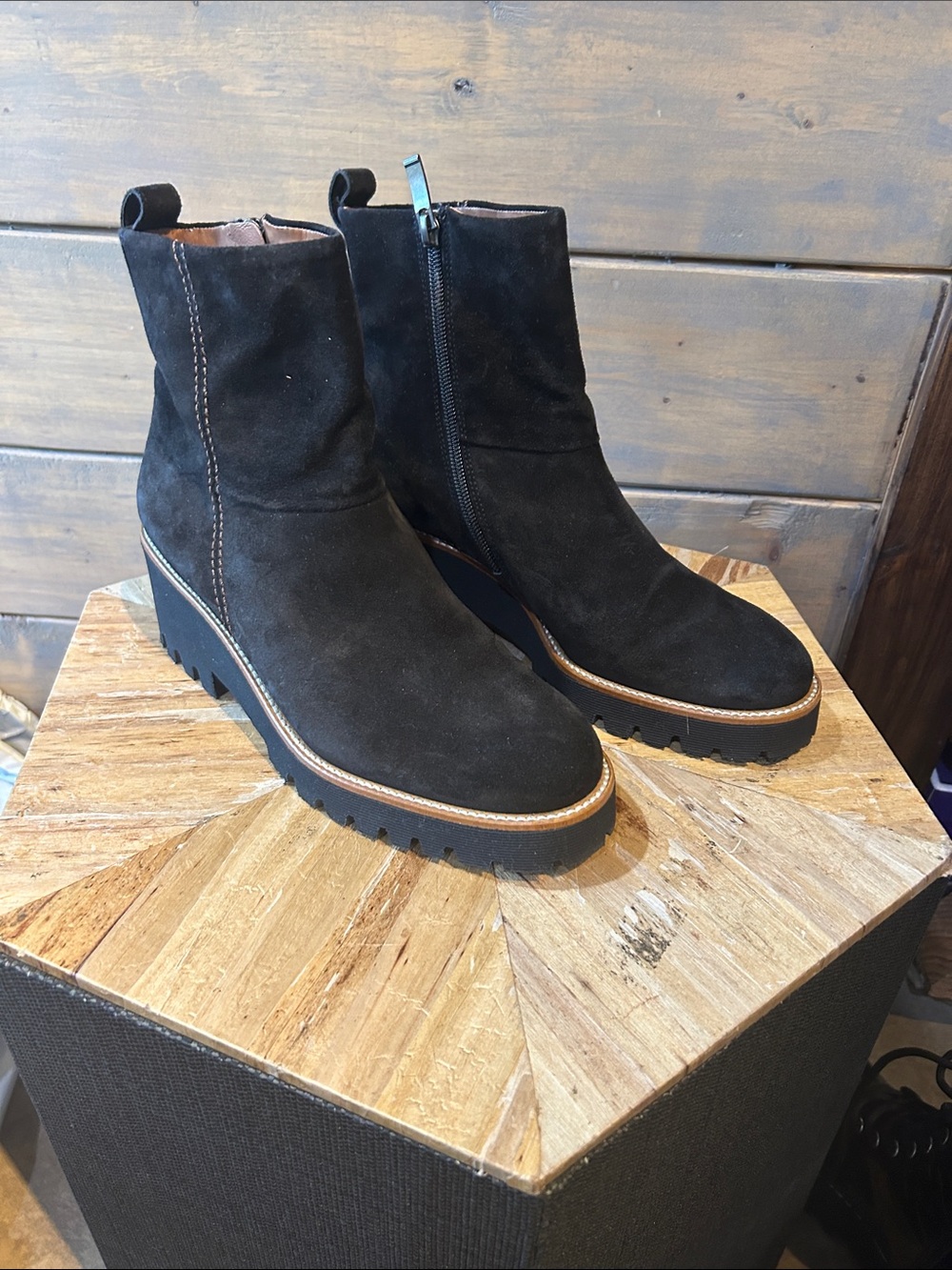 Paul Green Black Suede Lug Sole Ankle Booties